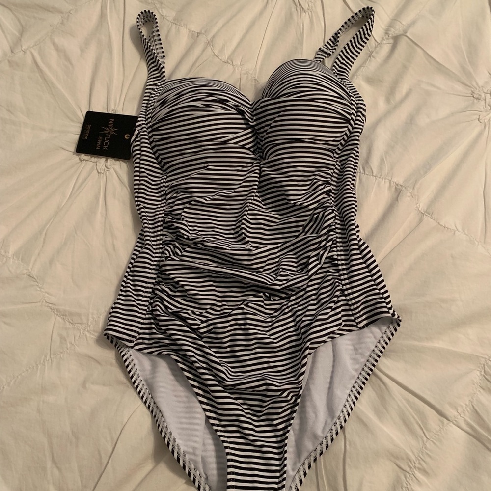 Nip Tuck one piece black- white striped swim suit